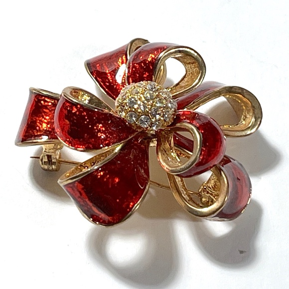 Vintage Kenneth Cole KC Gold Red Enamel Ribbon Bow Brooch - Picture 8 of 10